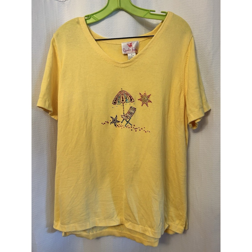 Quacker Factory Yellow Beach Scene Short Sleeve Sweater 1X Bling
